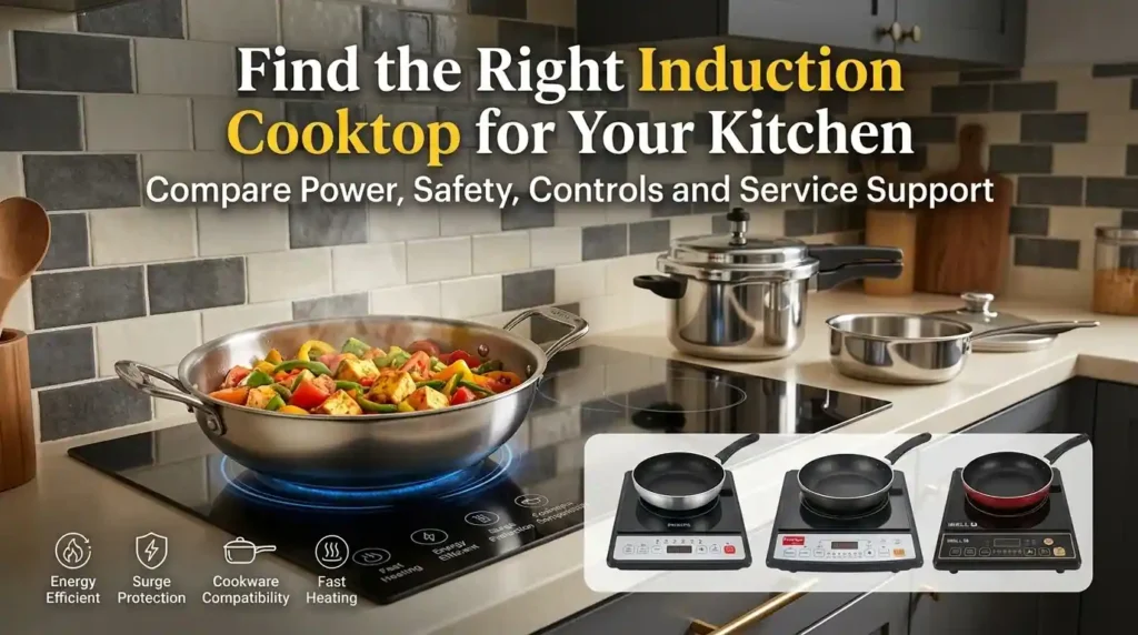 Induction cooktop buying guide showing compatible cookware and Indian food preparation in a modern kitchen.