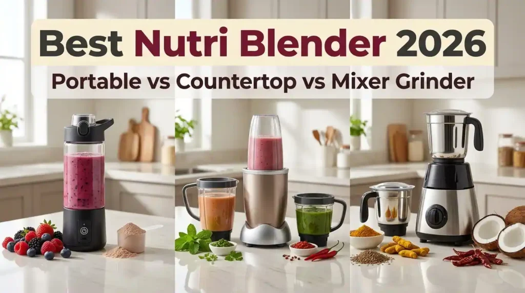 Nutri blender buying guide comparing portable, countertop and mixer grinder options for different kitchen needs.
