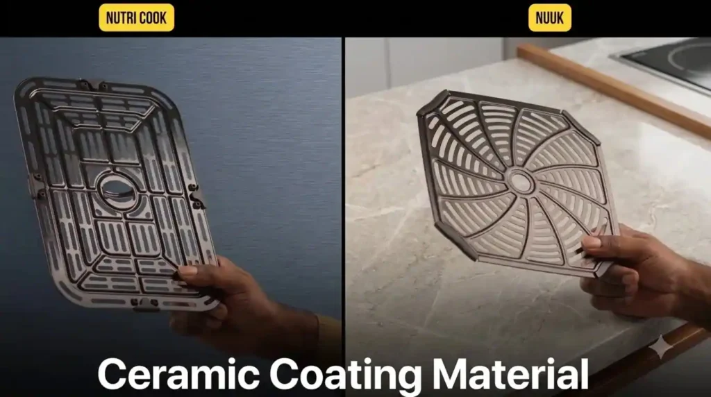 Nutricook and NUUK ceramic-coated air fryer crisper plates shown side by side for design and coating comparison.