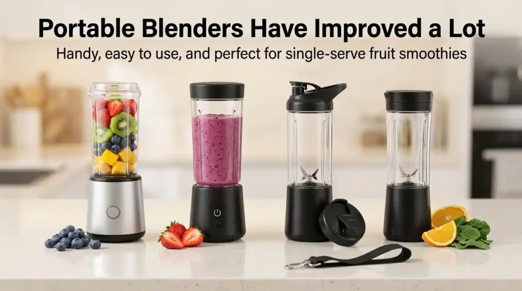 Four portable blenders for single-serve fruit smoothies displayed on a modern kitchen counter.