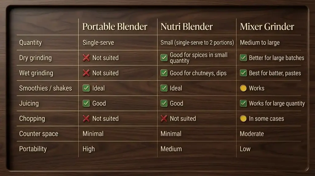 Comparison table of portable blenders, nutri blenders and mixer grinders by quantity, grinding ability, portability and counter space.