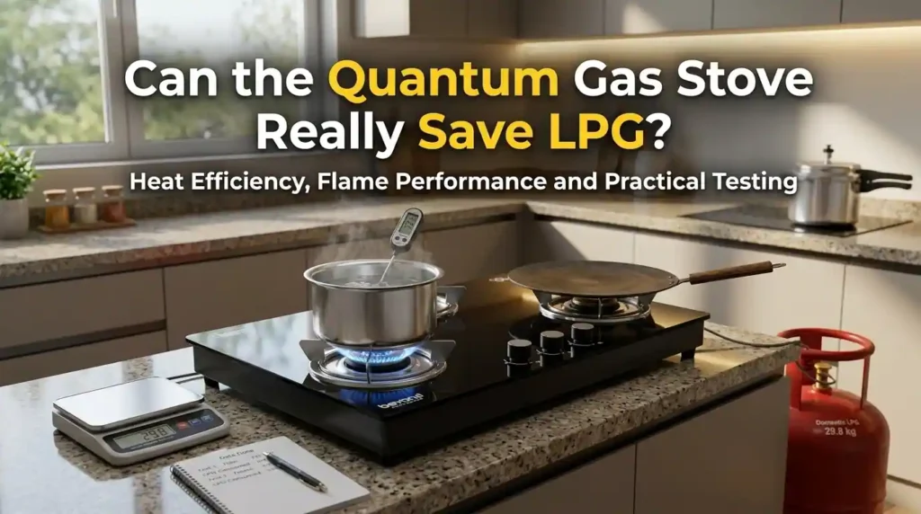 Beyond Appliances Quantum Gas Stove undergoing a practical water-heating and LPG-consumption test in a modern Indian kitchen.