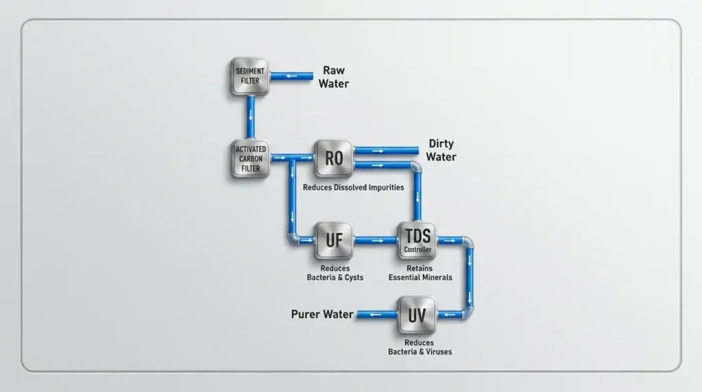 Diagram showing the RO, UF, UV, and TDS Controller water purification process, illustrating how raw water passes through sediment and activated carbon filters before producing clean drinking water.