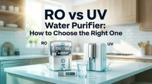 RO vs UV water purifier comparison with a TDS meter and clean drinking water in a modern kitchen.