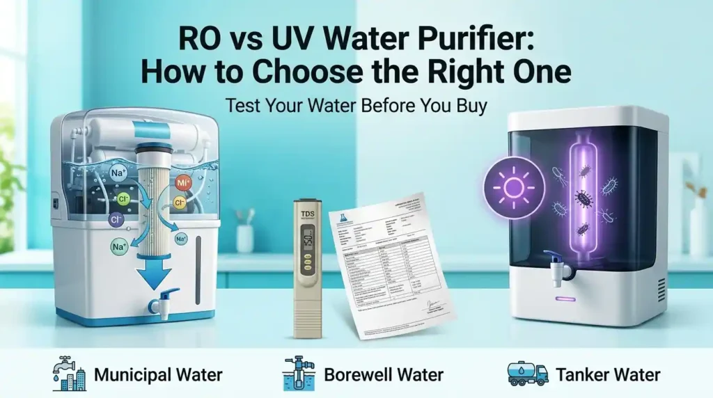 RO vs UV purifier guide showing water testing, TDS measurement and different household water sources.