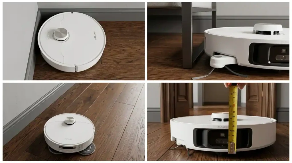 Robot vacuum cleaner cleaning along walls, furniture edges, corners, and under furniture during a real home cleaning test.