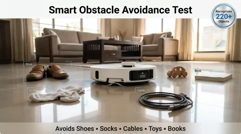 Robot vacuum cleaner avoiding shoes, socks, cables, toys, and books during a real home cleaning test.