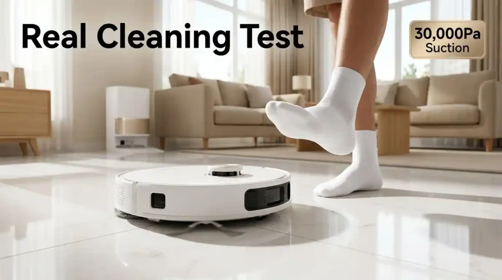 Robot vacuum cleaner cleaning a glossy tile floor while a person wearing white socks checks the cleaning results in a modern home.