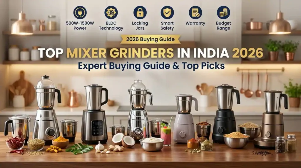 Top Mixer Grinders in India 2026 comparing premium mixer grinders for different budgets and cooking needs.