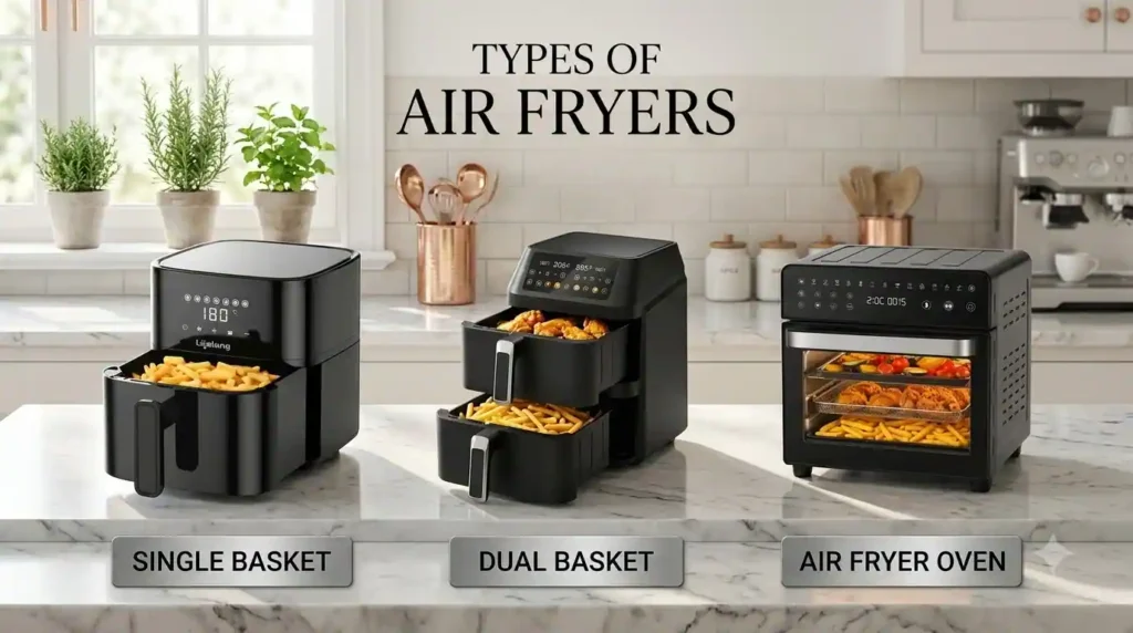 Three types of air fryers compared: single-basket air fryer, dual-basket air fryer and air fryer oven.