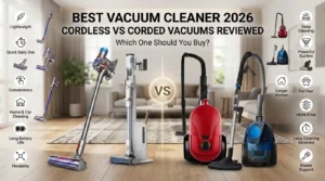 Best Vacuum Cleaner 2026 comparison showing cordless stick vacuums and corded canister vacuums with features such as long battery life, powerful suction, HEPA filtration, pet hair cleaning, and blower support.