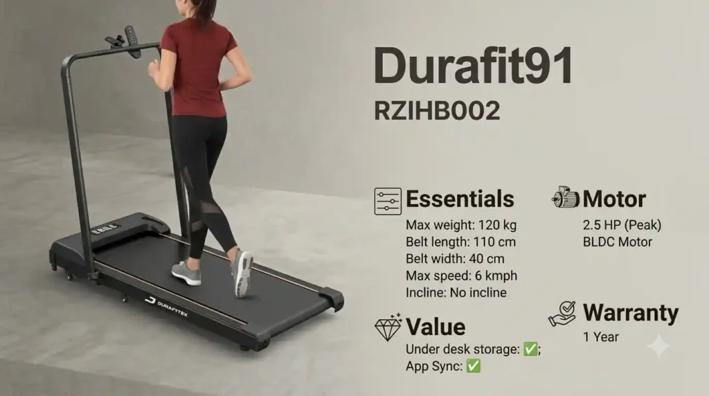 Durafit91 RZIHB002 treadmill with 120 kg maximum weight capacity, 110 cm belt, 6 km/h top speed, and 2.5 HP peak BLDC motor.