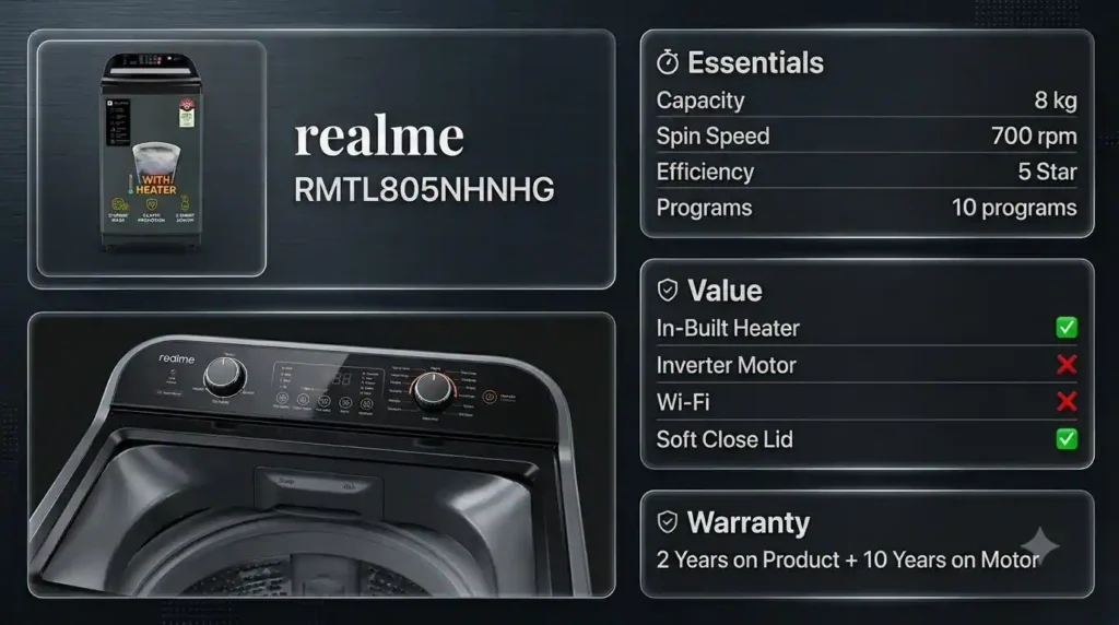 Infographic detailing the Realme TechLife 8kg top load washing machine model RMTL805NHNHG specifications, highlighting its in-built heater, soft-close lid, and close-up of the control panel.