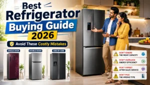 Best Refrigerator Buying Guide 2026 showing single-door, double-door and side-by-side refrigerators with important buying factors.