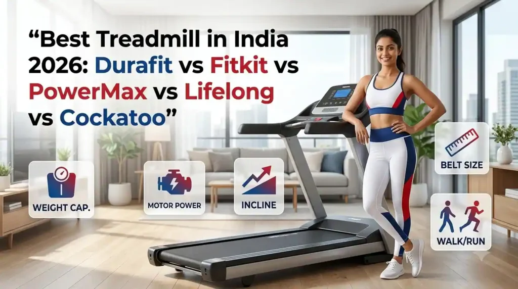 Welcome image for a treadmill buying guide in India showing a home treadmill and key buying factors for 2026.