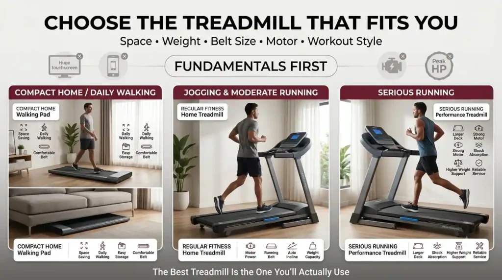 Treadmill selection guide comparing a walking pad for compact homes, a home treadmill for jogging, and a performance treadmill for serious running.