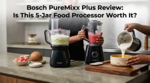 Bosch PureMixx Plus review feature image displaying the title text alongside a chef using the food processor for dough and a blender for a smoothie