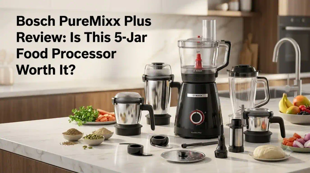 Bosch PureMixx Plus mixer grinder and food processor with five jars and multiple attachments displayed on a modern Indian kitchen counter.