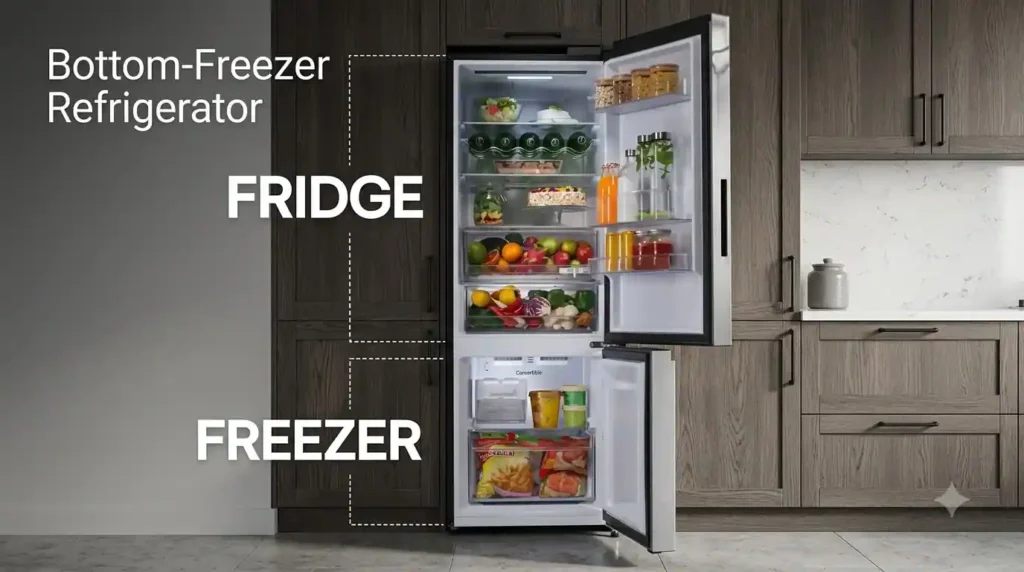 Open bottom-freezer refrigerator showing the main fridge section at eye level and the freezer compartment below.