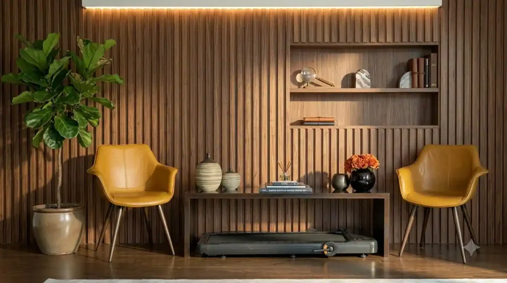Compact walking pad treadmill stored under a console table in a modern home, showing a space-saving option for walking and light exercise.