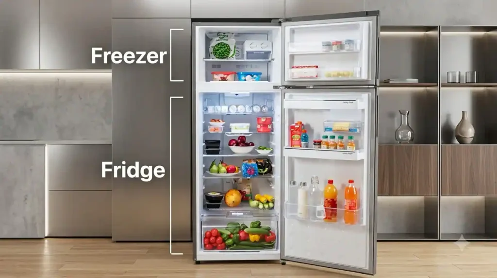 Open double-door refrigerator showing the separate top freezer and lower fridge compartments filled with food.