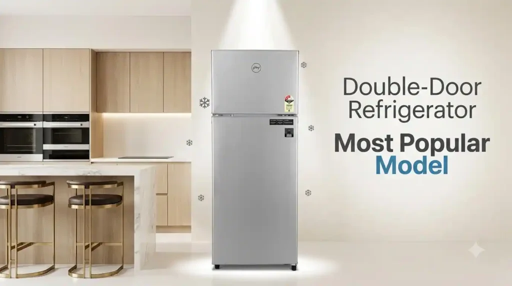 Silver double-door refrigerator with a top freezer displayed in a modern kitchen.