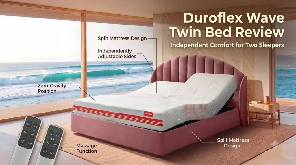 Duroflex Wave Twin bed showing independent head, leg and zero-gravity adjustments on both sides.