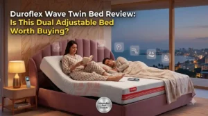 Duroflex Wave Twin adjustable bed with one side raised for reading and the other side flat for sleeping.
