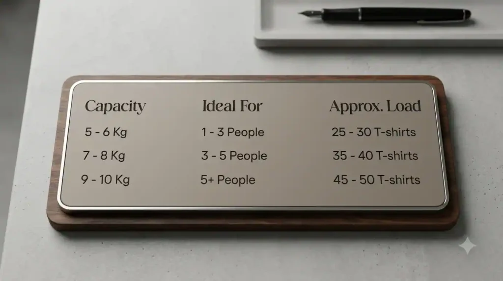 A chart displaying washing machine capacity guidelines: 5-6 kg for 1-3 people, 7-8 kg for 3-5 people, and 9-10 kg for 5 or more people, along with approximate t-shirt loads for each size.