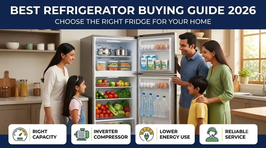 Indian family choosing the right refrigerator size using a refrigerator buying guide for capacity, efficiency and service support.
