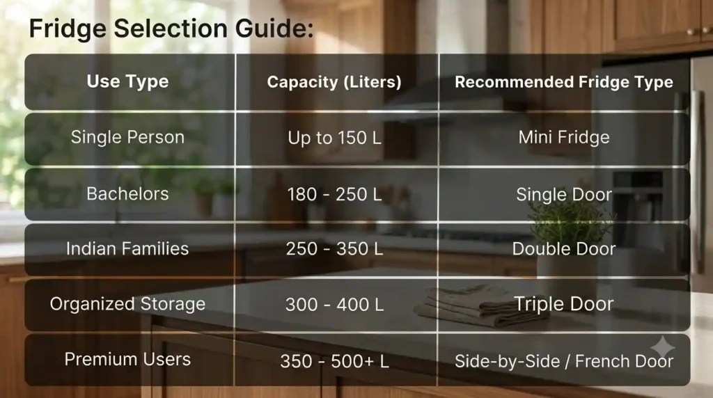 Refrigerator selection guide comparing recommended capacities and fridge types for individuals, bachelors, families and premium users.