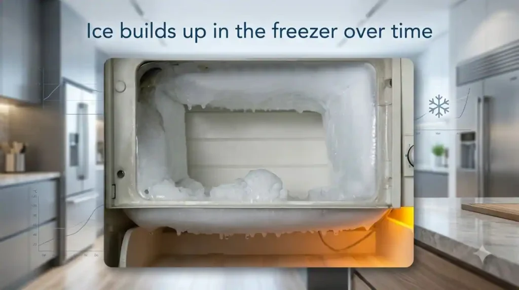 Ice buildup inside a single-door refrigerator freezer that requires manual defrosting.