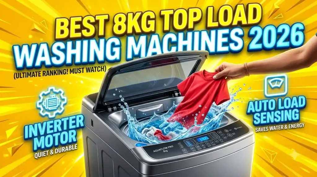 A premium metallic 8kg top-load washing machine with blue water splashing from the open lid and a hand adding a red t-shirt mid-cycle, set against a bright yellow background with 3D text reading Best 8kg Top Load Washing Machines 2026.