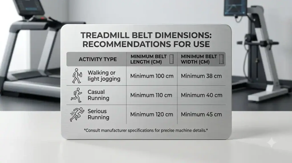 Treadmill belt size guide showing recommended minimum belt length and width for walking, light jogging, casual running, and serious running.