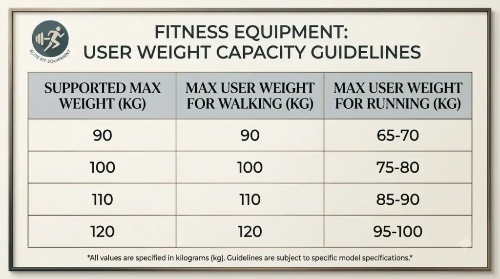Treadmill user weight capacity guide showing recommended maximum weights for walking and running from 90 kg to 120 kg treadmill capacities.