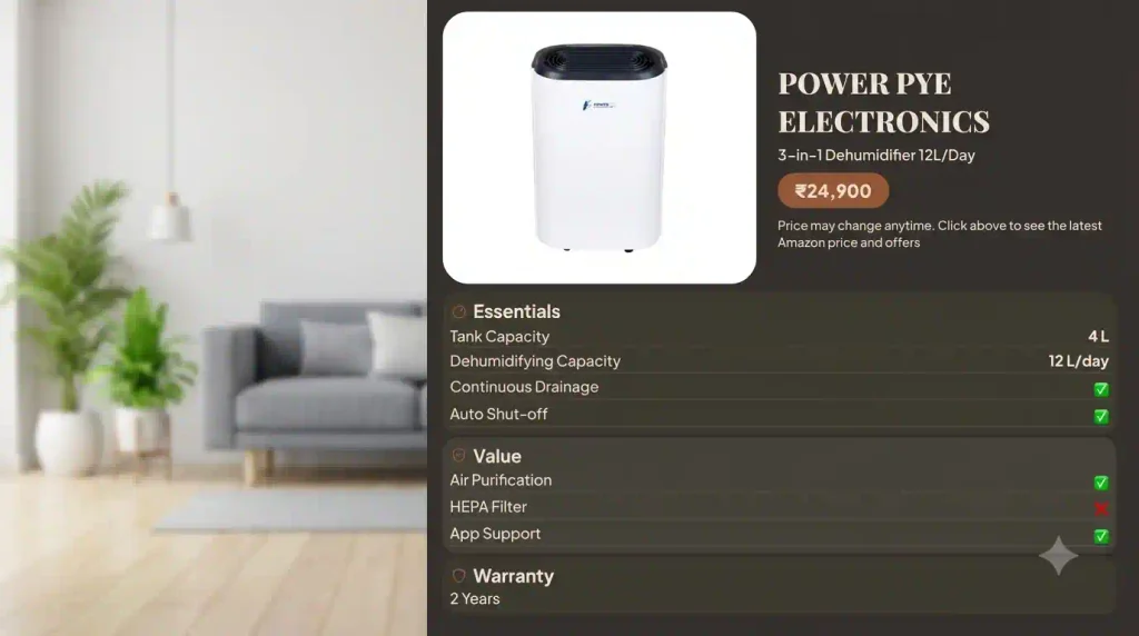Power Pye Electronics 12 L/day 3-in-1 dehumidifier with 4 L tank, continuous drainage, air purification, app support and 2-year warranty.