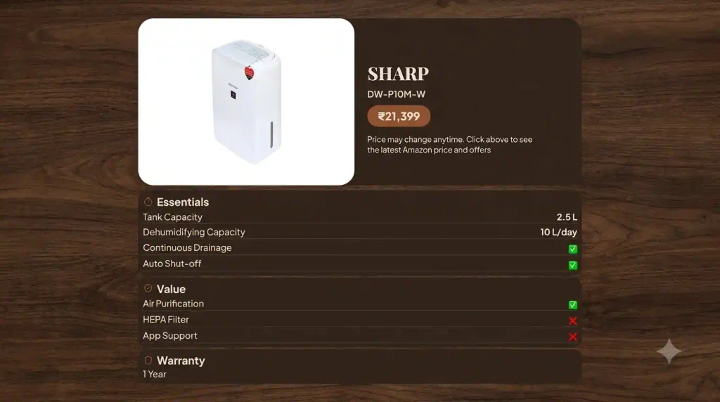 Sharp DW-P10M-W 10 L/day dehumidifier with 2.5 L tank, continuous drainage, air purification and 1-year warranty.