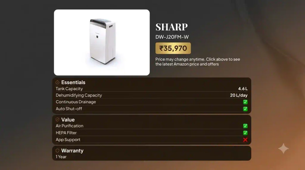 Sharp DW-J20FM-W 20 L/day dehumidifier with 4.6 L tank, continuous drainage, air purification, HEPA filter and 1-year warranty.