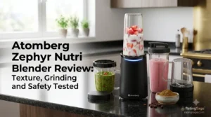 Atomberg Zephyr Nutri Blender with jars for chutney, smoothies and grinding during a texture and safety review