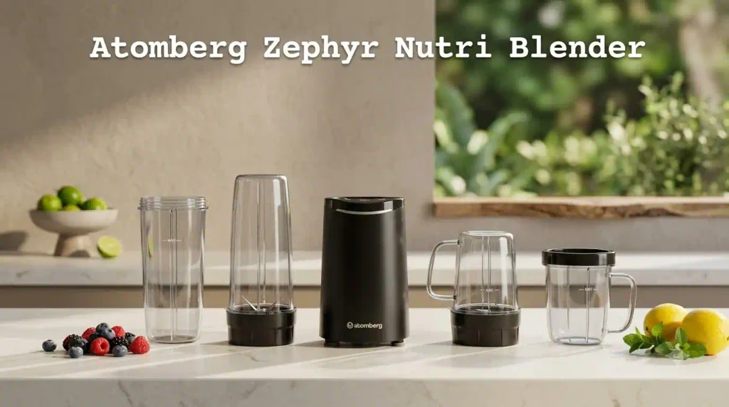 Atomberg Zephyr Nutri Blender with multiple jars and accessories displayed on a kitchen counter