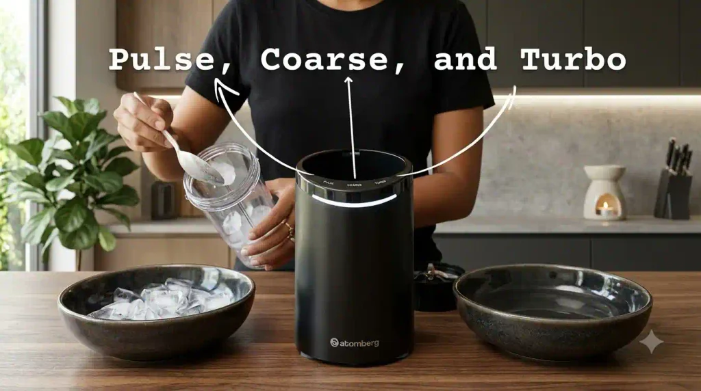Atomberg Zephyr Nutri Blender showing Pulse, Coarse and Turbo blending modes during a kitchen test