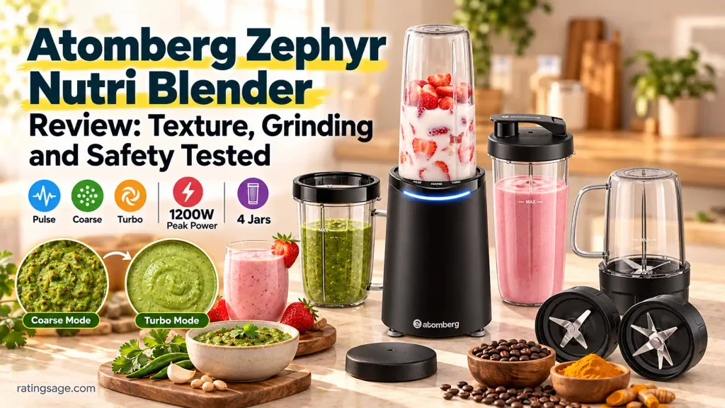 Atomberg Zephyr Nutri Blender with jars, Pulse, Coarse and Turbo modes, chutney texture comparison and grinding accessories