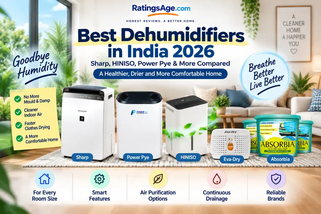 Best dehumidifiers in India 2026, featuring Sharp, HINISO, Power Pye, Eva-Dry and Absorbia for home humidity control.