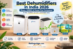 Best dehumidifiers in India 2026 featuring Sharp, Power Pye, HINISO, Eva-Dry and Absorbia models for humidity control.