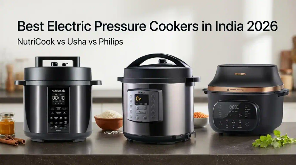 Best electric pressure cookers in India 2026 featuring NutriCook, Usha iChef and Philips OneChef