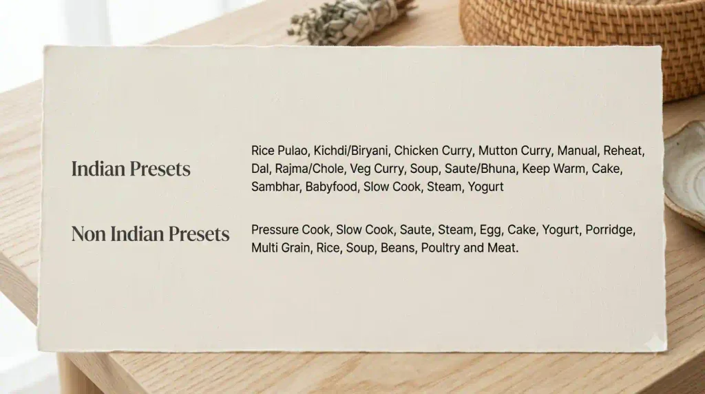 Electric pressure cooker presets comparison showing Indian and non-Indian cooking programs