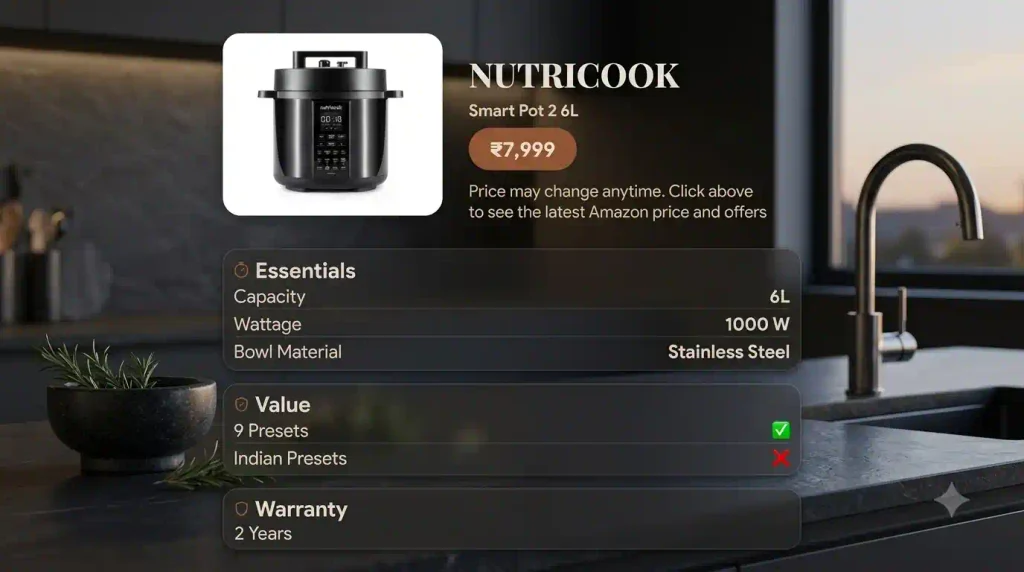 NutriCook Smart Pot 2 6L electric pressure cooker with 1000W power, stainless steel bowl and nine presets