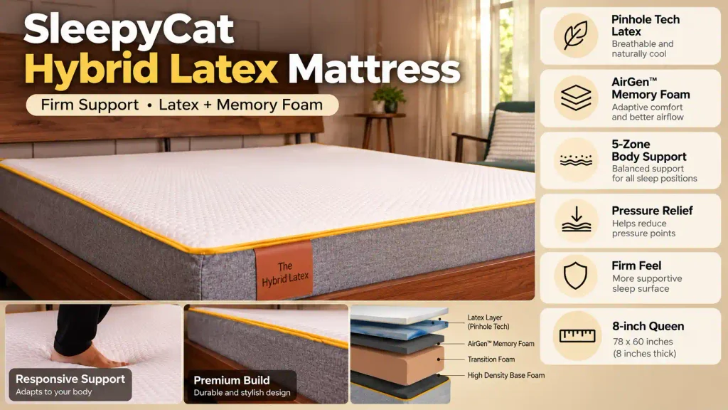 SleepyCat Hybrid Latex Mattress features including firm support, latex, memory foam and 5-zone body support