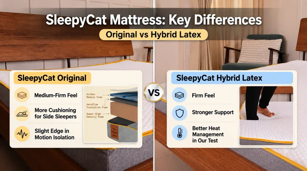 SleepyCat Mattress Original vs Hybrid Latex comparison showing firmness, support, motion isolation and heat management differences