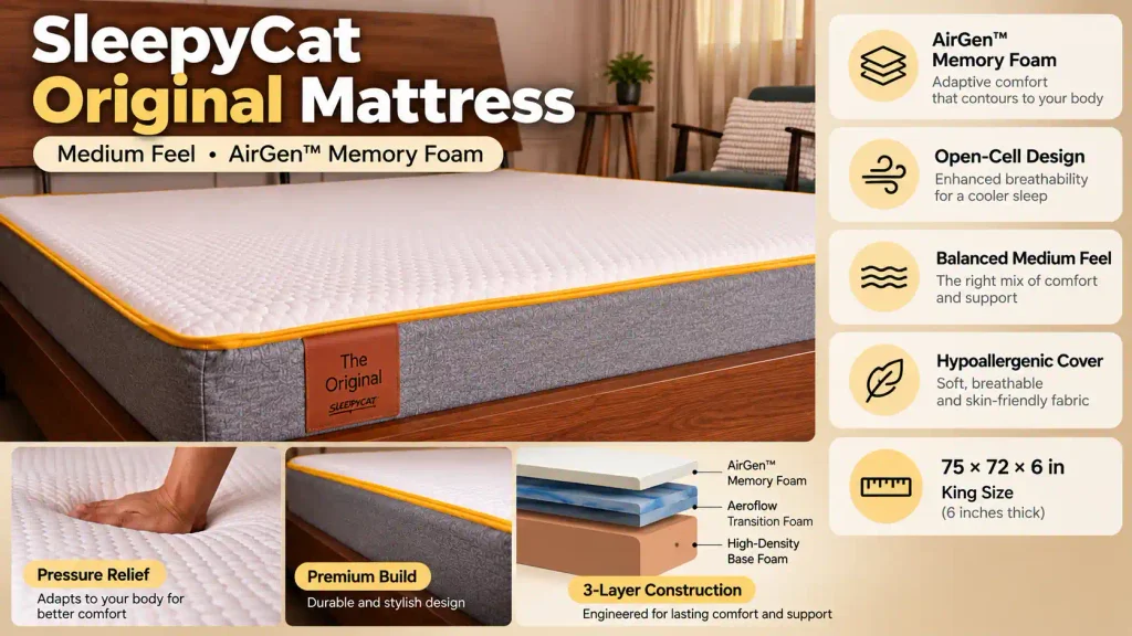 SleepyCat Original Mattress features with AirGen memory foam, open-cell design, medium feel and 3-layer construction